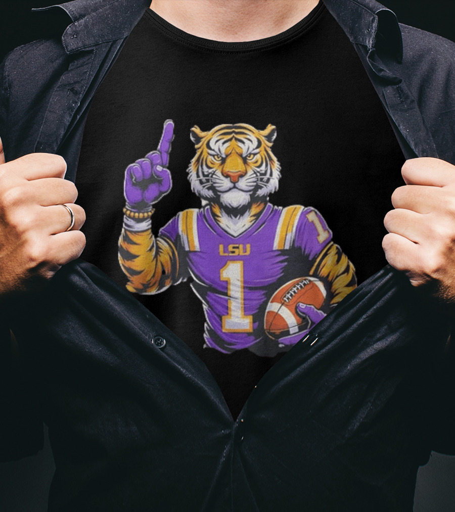 LSU Tiger Football Pointing Number 1 Holding Ball T-Shirt