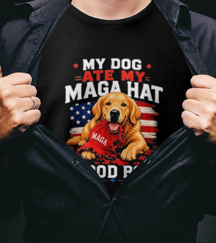 My Dog Ate My MAGA Hat Good Boy American Flag Dog Paw Print T-Shirt