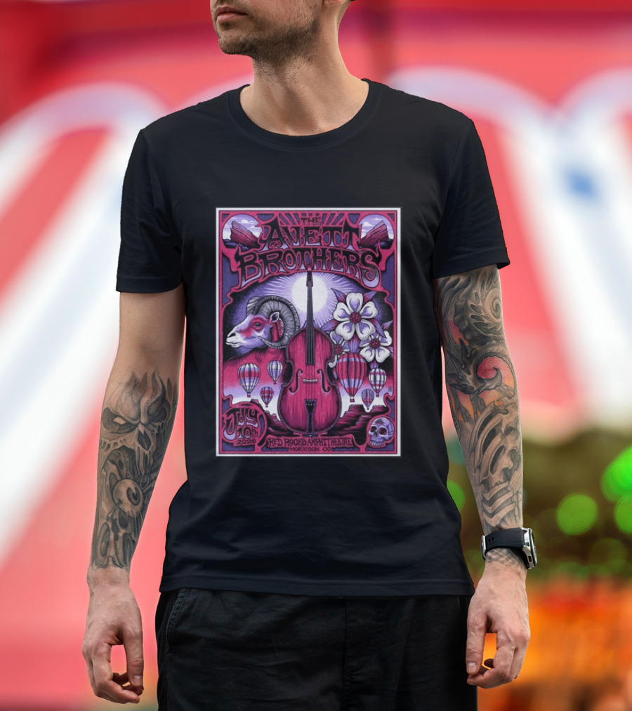 The Avett Brothers Red Rocks Amphitheatre Jul 10 2026 Morrison CO Hot Air Balloons Ram Violin Skull Art Flowers T-Shirt