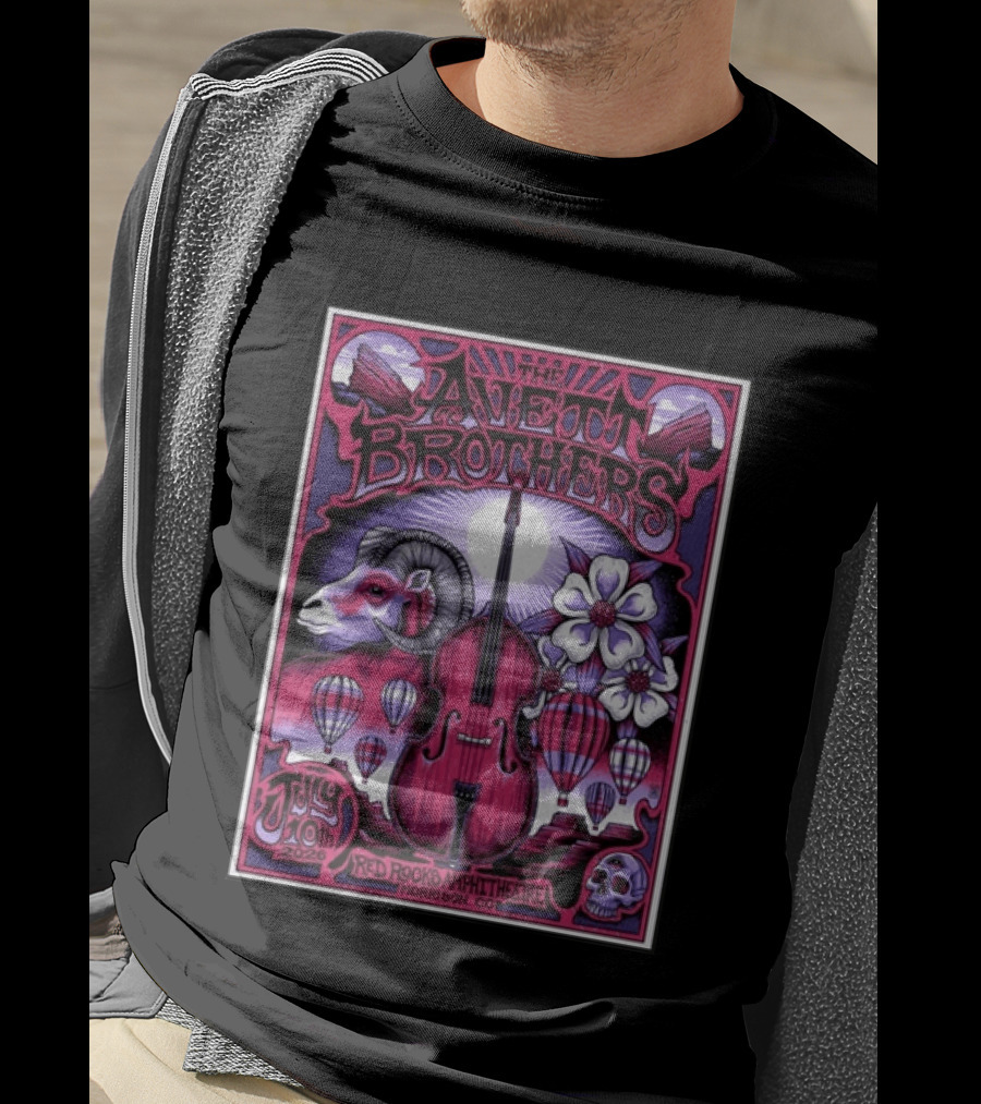 The Avett Brothers Red Rocks Amphitheatre Jul 10 2026 Morrison CO Hot Air Balloons Ram Violin Skull Art Flowers T-Shirt