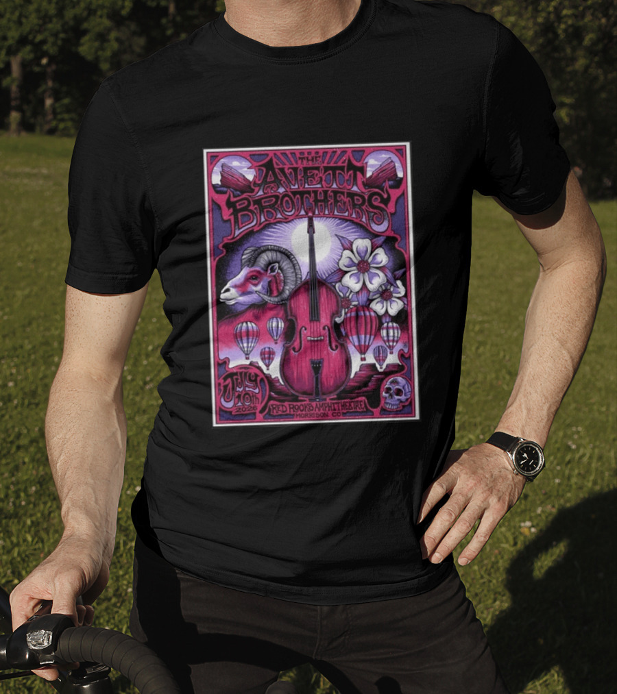 The Avett Brothers Red Rocks Amphitheatre Jul 10 2026 Morrison CO Hot Air Balloons Ram Violin Skull Art Flowers T-Shirt