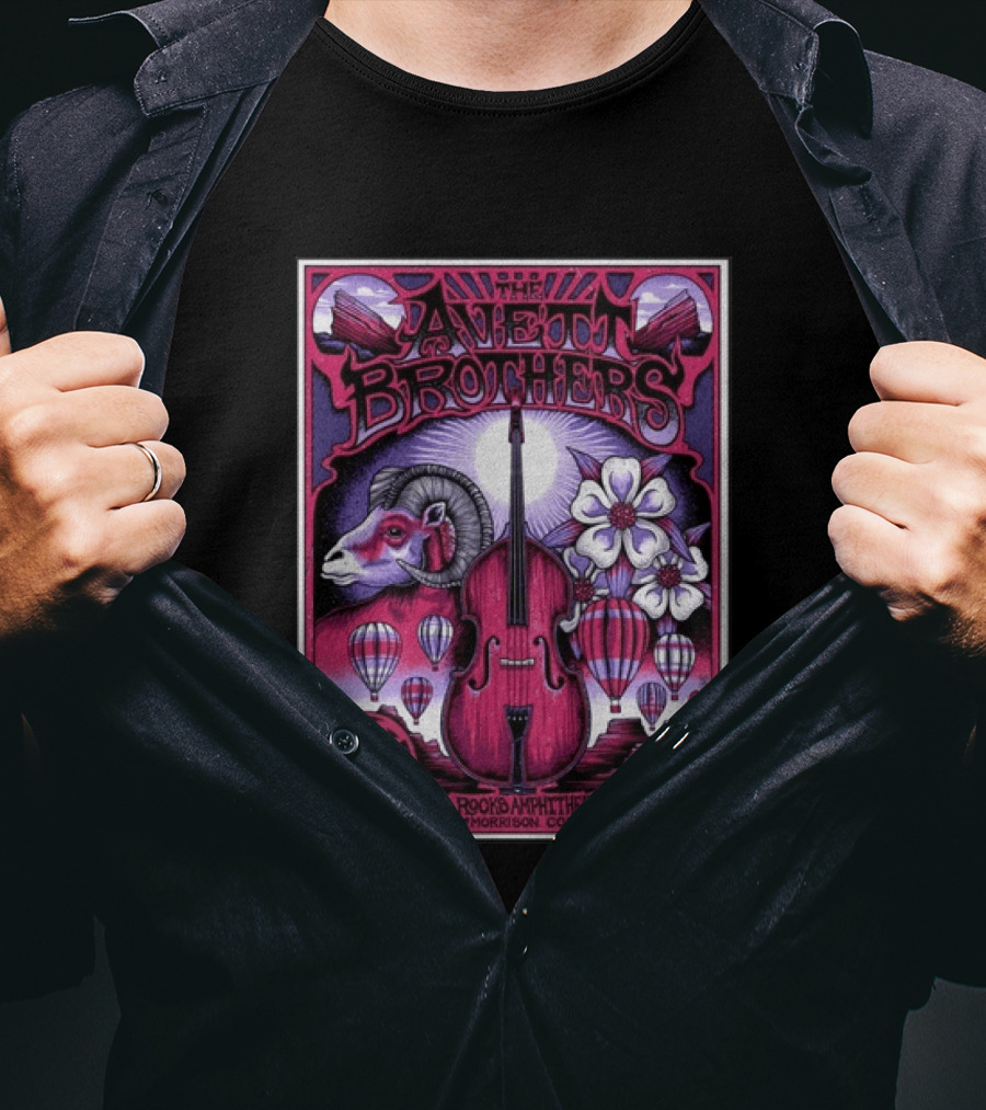 The Avett Brothers Red Rocks Amphitheatre Jul 10 2026 Morrison CO Hot Air Balloons Ram Violin Skull Art Flowers T-Shirt