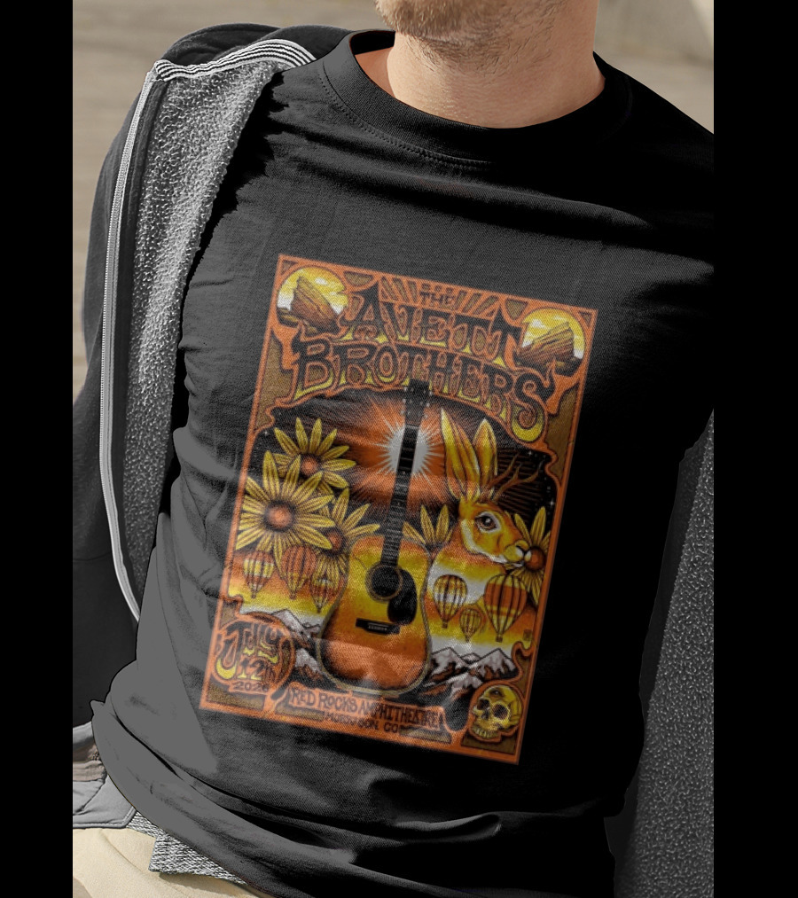 The Avett Brothers Red Rocks Amphitheatre July 12 2026 Morrison CO Guitar Sunflowers Rabbit T-Shirt