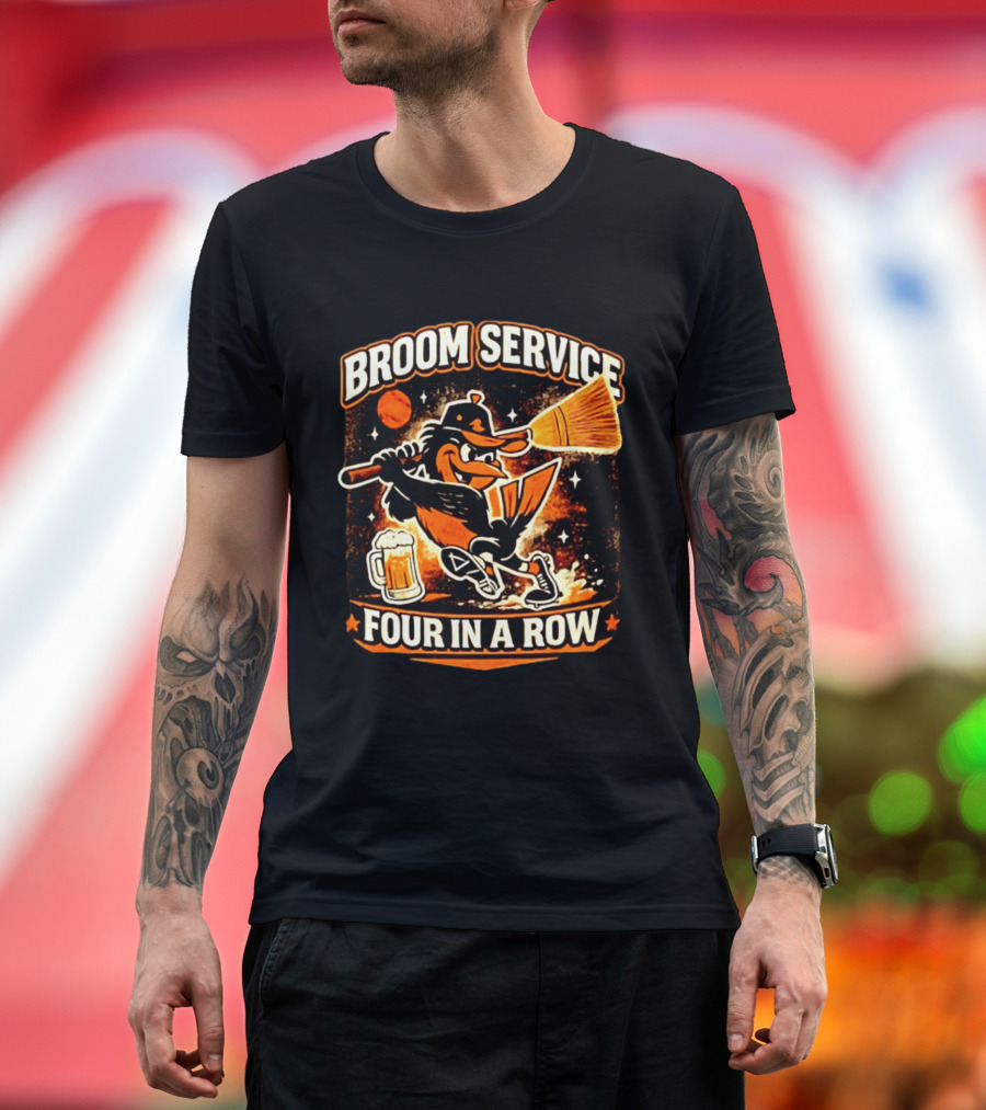 Orioles Broom Service Four In A Row Baseball Art Featuring Mascot With Broom And Beer T-Shirt