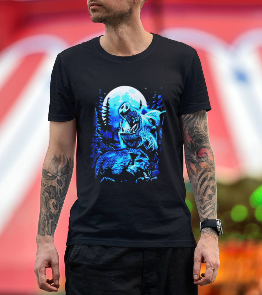 Wild Boar Howling At The Moon Under Mystical Forest Night Sky T-Shirt
