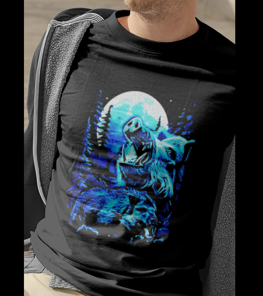 Wild Boar Howling At The Moon Under Mystical Forest Night Sky T-Shirt