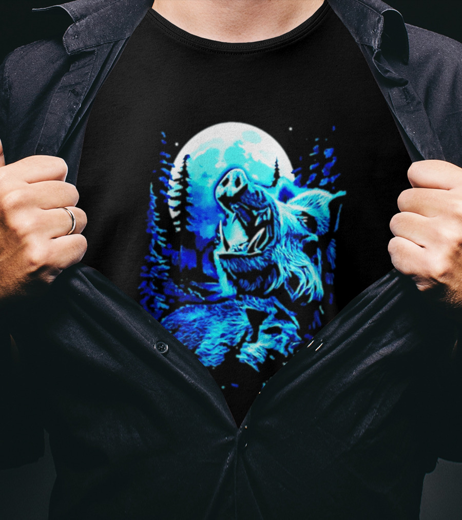 Wild Boar Howling At The Moon Under Mystical Forest Night Sky T-Shirt