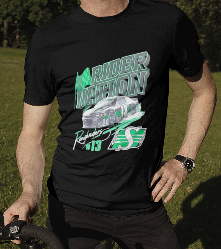 Saskatchewan Roughriders Rider Nation Race Car Number 13 With Team Logo And Flag T-Shirt