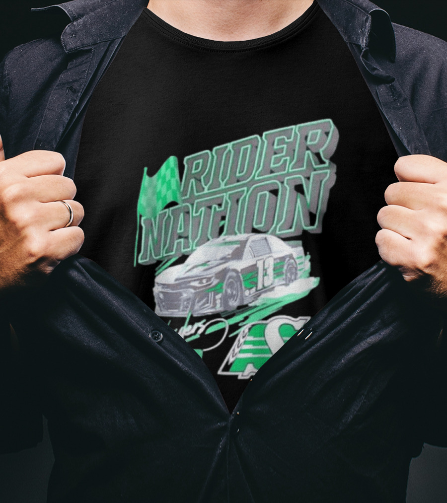 Saskatchewan Roughriders Rider Nation Race Car Number 13 With Team Logo And Flag T-Shirt