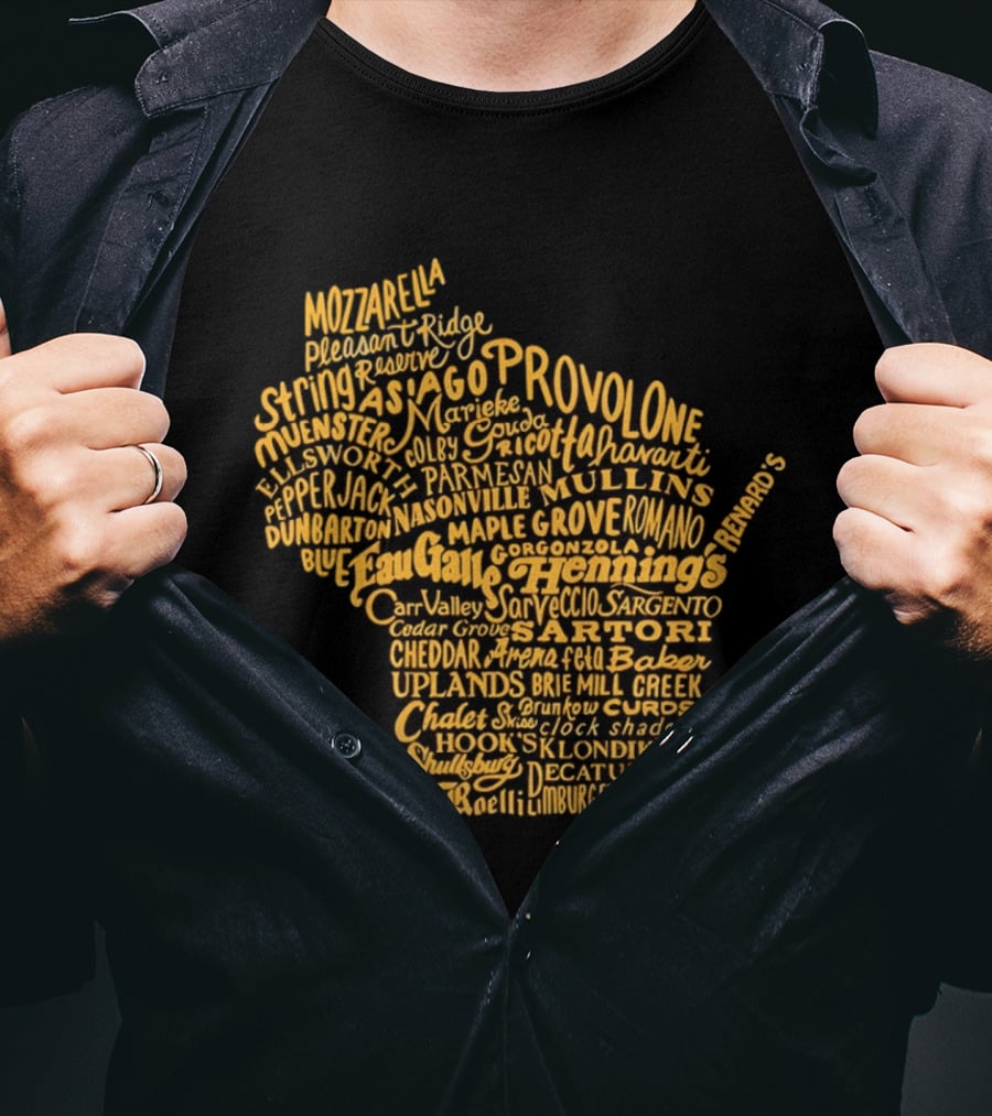 Wisconsin Cheese Map Eau Galle Cheddar Provolone Mozzarella Gouda Asiago Parmigiano Ullands T-Shirt