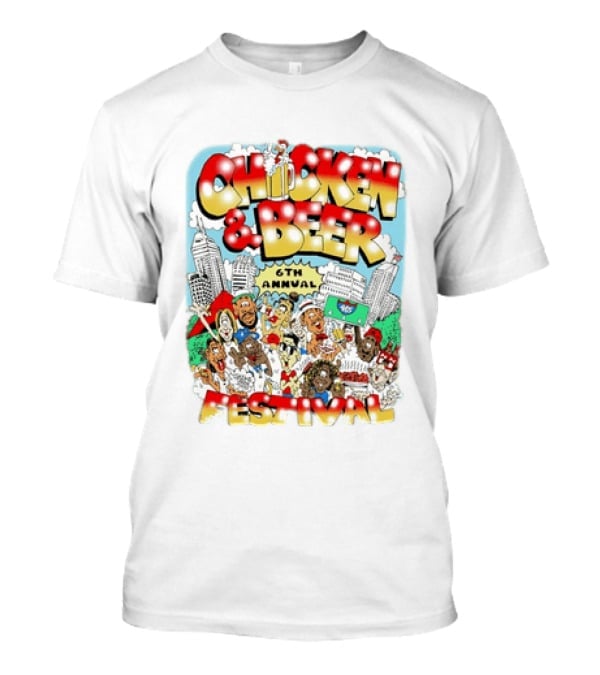 6th Annual Chicken & Beer Festival Indianapolis Cartoon Cityscape Crowd Fun T-Shirt
