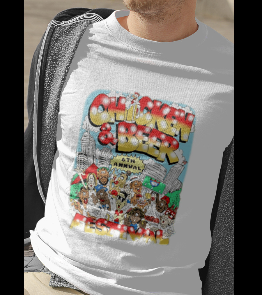 6th Annual Chicken & Beer Festival Indianapolis Cartoon Cityscape Crowd Fun T-Shirt