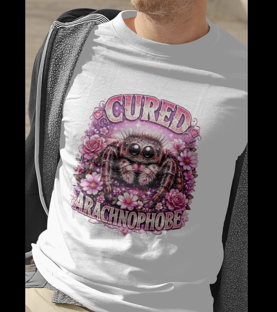Cured Arachnophobe Jumping Spider Floral Hearts And Flowers T-Shirt