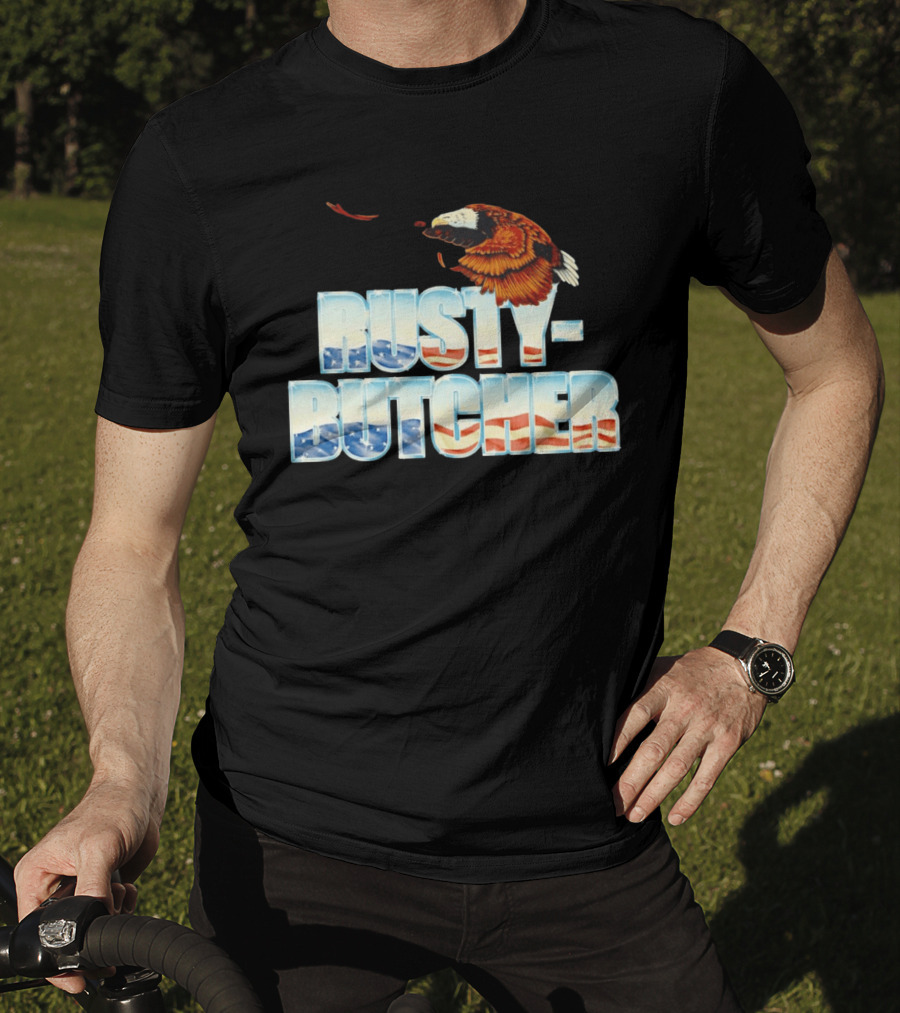 Rusty Butcher American Eagle With Patriotic Stars And Stripes T-Shirt