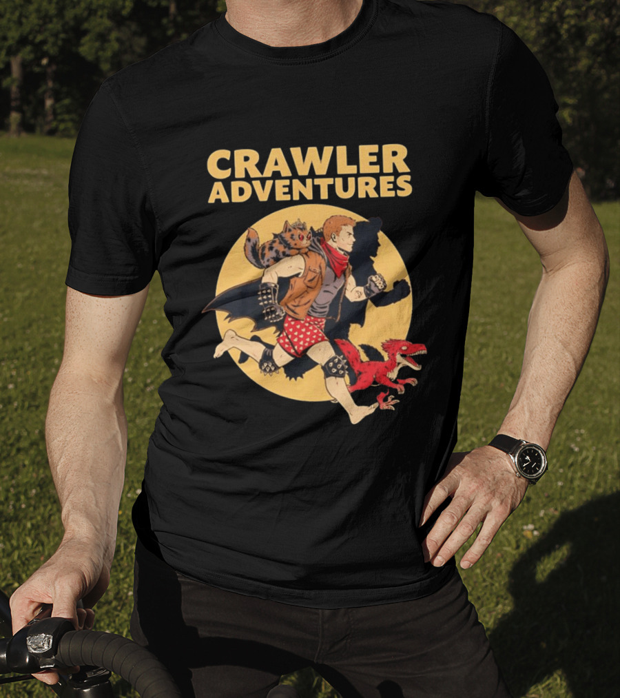 Crawler Adventures Running Man Cat Companion And Raptor T-Shirt