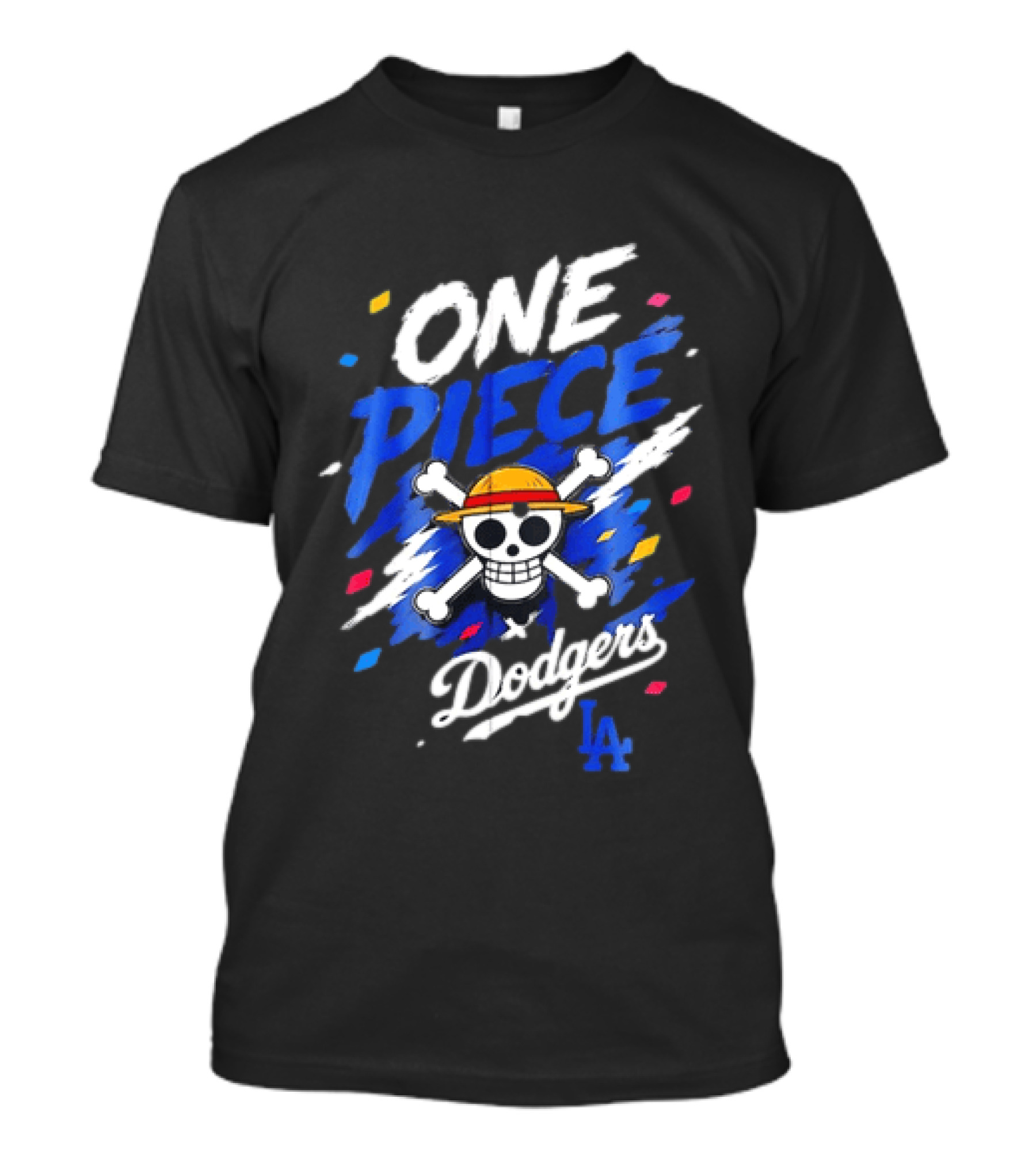 One Piece Dodgers LA Crossover With Jolly Roger And Straw Hat T-Shirt