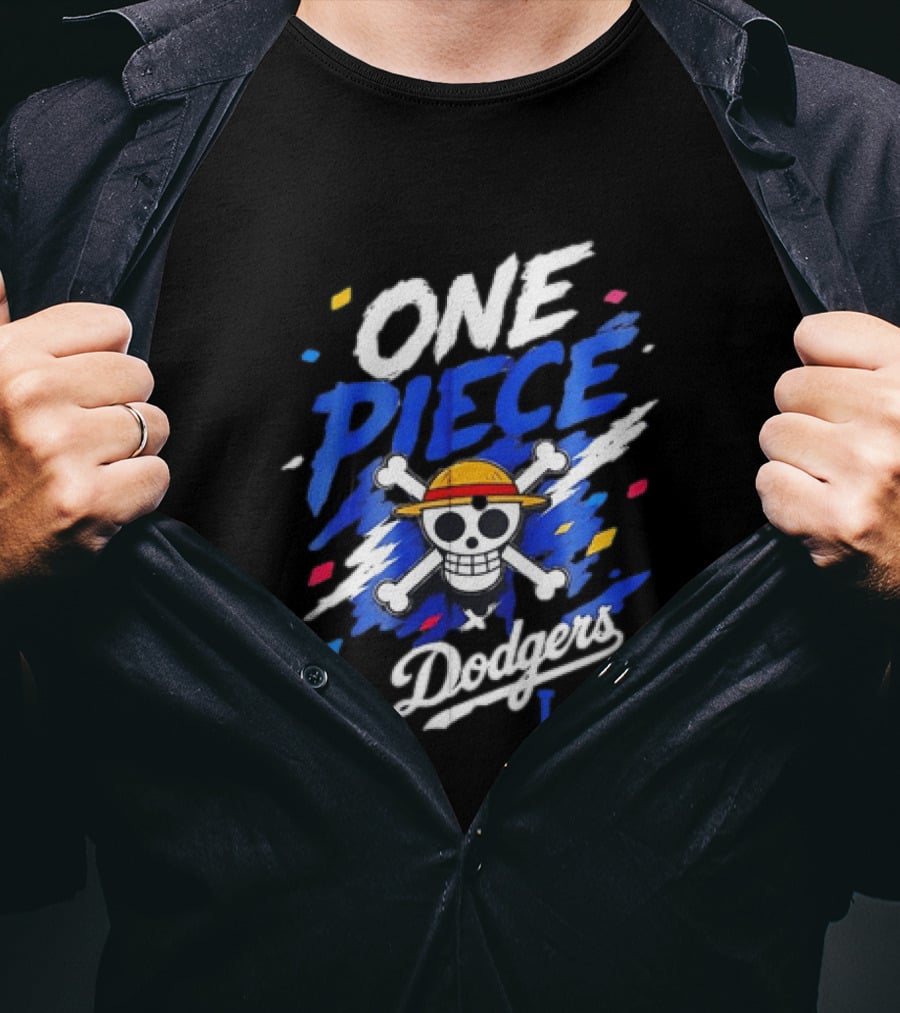 One Piece Dodgers LA Crossover With Jolly Roger And Straw Hat T-Shirt