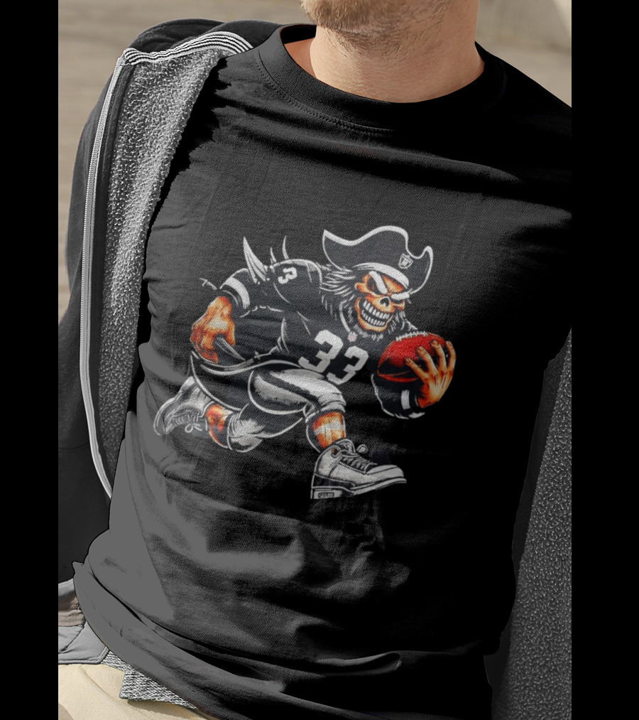 Raiders Skeleton Pirate Running With Football Number 33 T-Shirt
