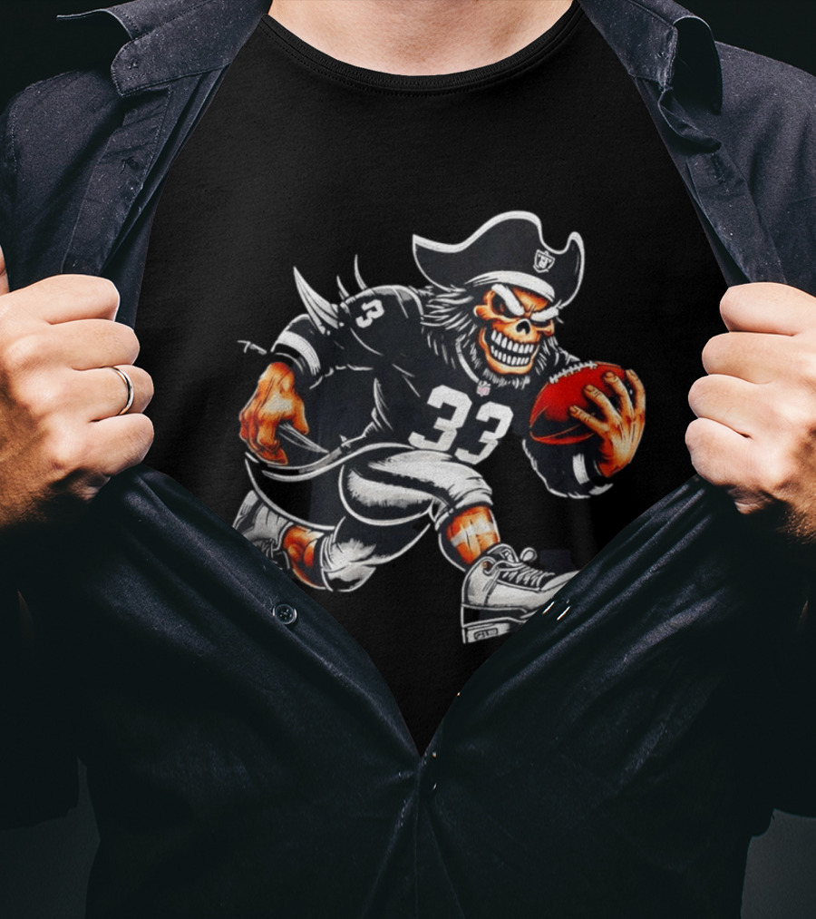 Raiders Skeleton Pirate Running With Football Number 33 T-Shirt