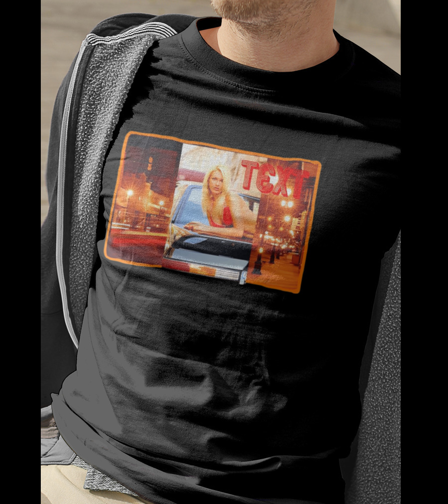 Blonde Woman In Red Bikini Leaning On Car At Night With Neon City Lights T-Shirt