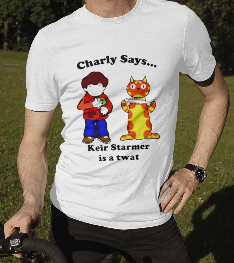 Charly Says Keir Starmer Is A Twat Comic Retro Style Cat And Kid T-Shirt
