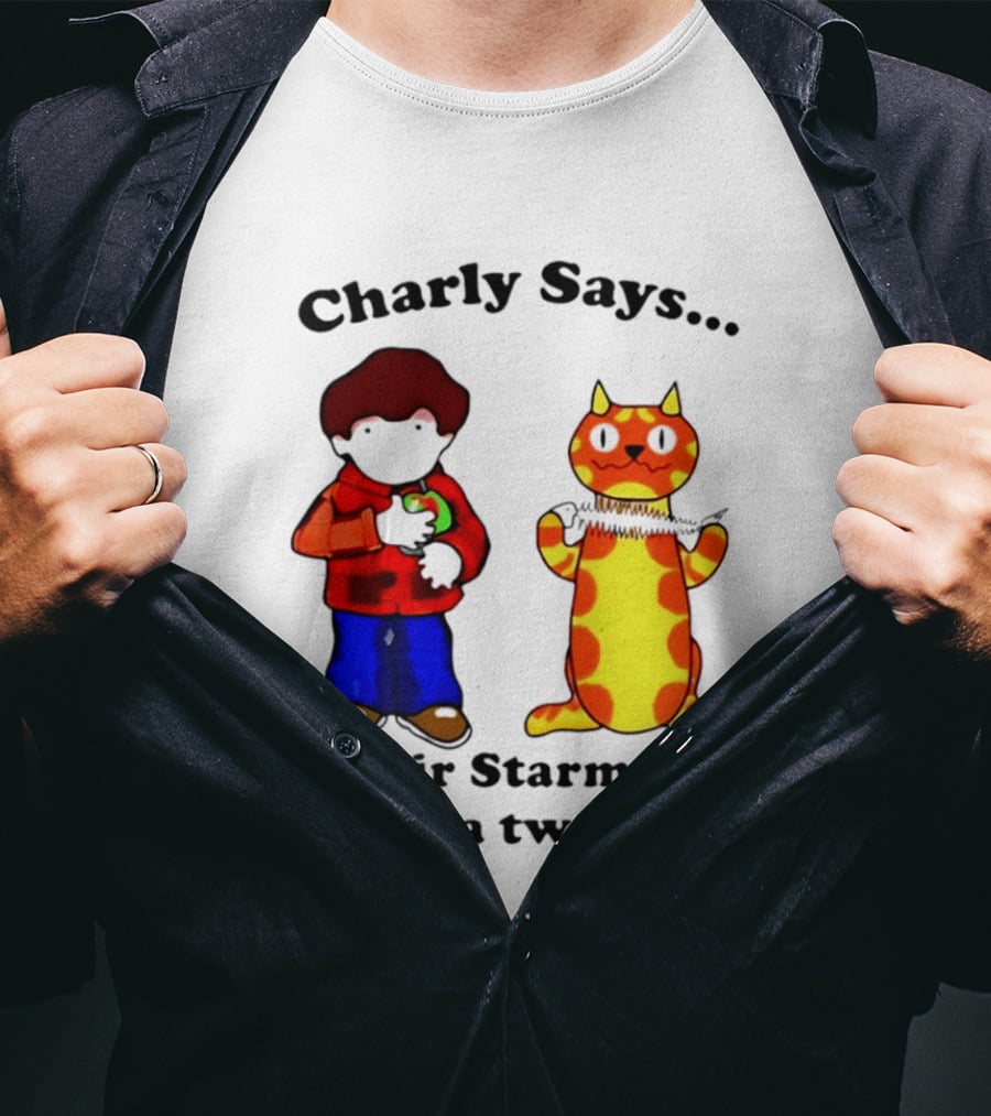 Charly Says Keir Starmer Is A Twat Comic Retro Style Cat And Kid T-Shirt