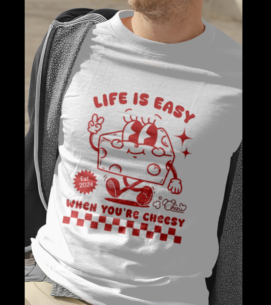 Life Is Easy When You're Cheesy Cartoon Cheese Character With Peace Sign And Stars T-Shirt