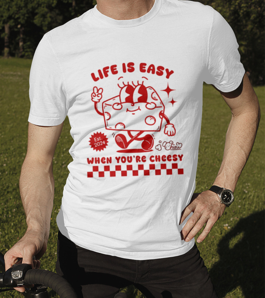 Life Is Easy When You're Cheesy Cartoon Cheese Character With Peace Sign And Stars T-Shirt