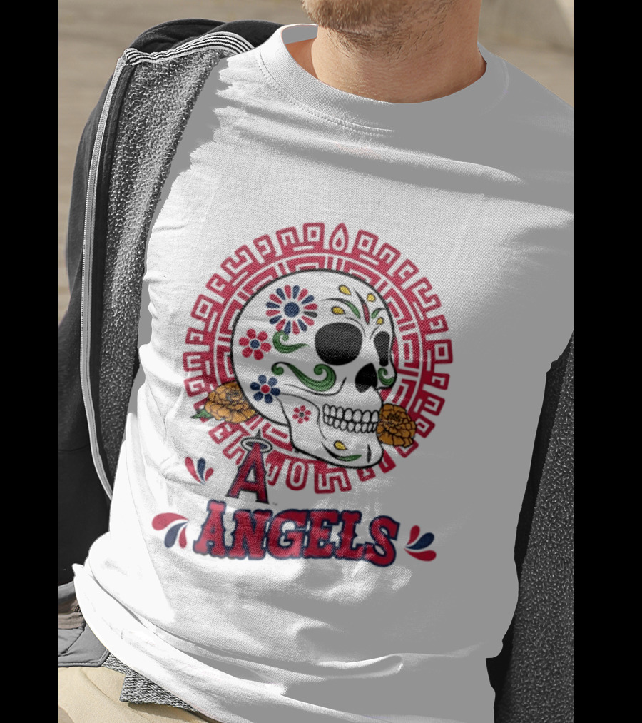 Los Angeles Angels Dia De Los Muertos Sugar Skull Aztec Calendar T-Shirt