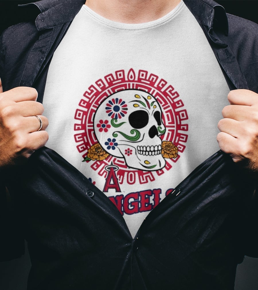 Los Angeles Angels Dia De Los Muertos Sugar Skull Aztec Calendar T-Shirt