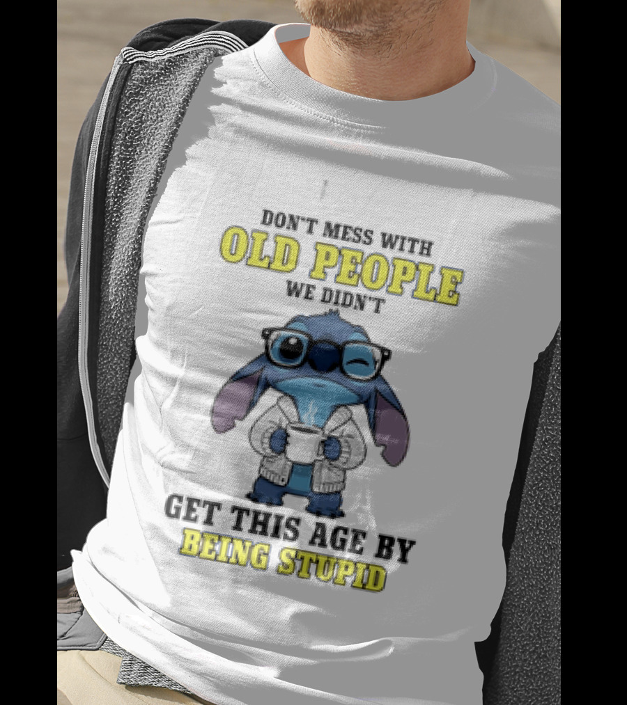 Stitch Don't Mess With Old People Winking Glasses Blue Character Image T-Shirt