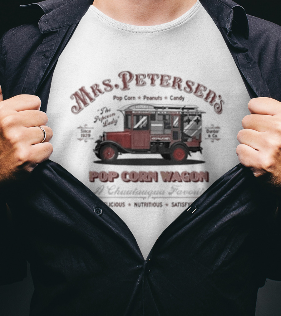 Mrs. Peterson's Popcorn Wagon Chautauqua Favorite Since 1929 Popcorn Truck T-Shirt