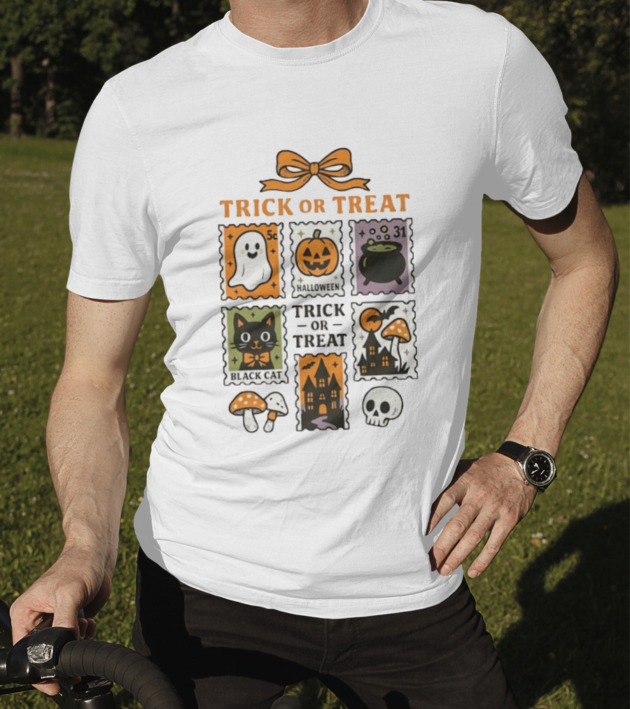 Trick Or Treat Halloween Ghost Pumpkin Cauldron Black Cat Haunted House T-Shirt
