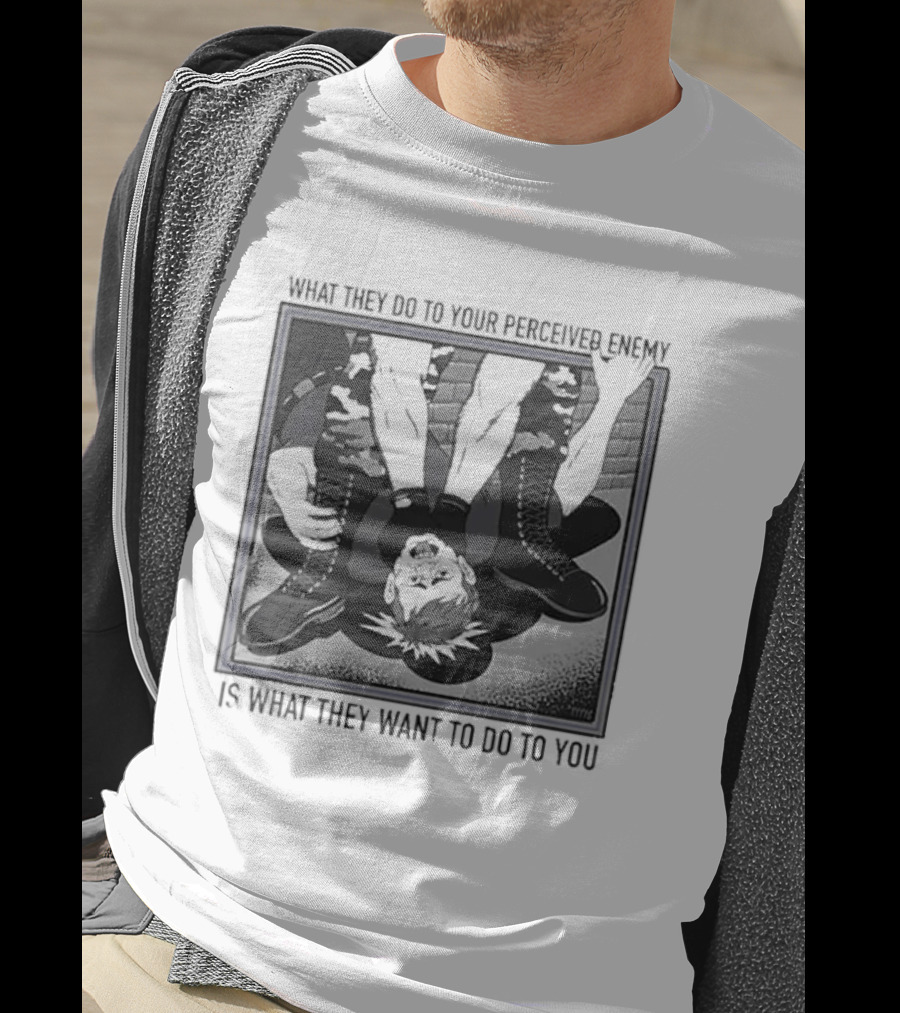 What They Do To Your Perceived Enemy Is What They Want To Do To You Black And White Image Of Upside Down Person With Arms Up T-Shirt