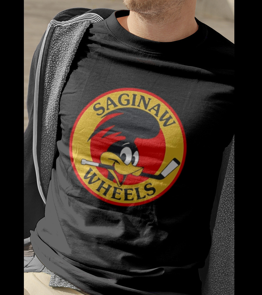 Saginaw Wheels Hockey Cartoon Character With Hockey Stick T-Shirt