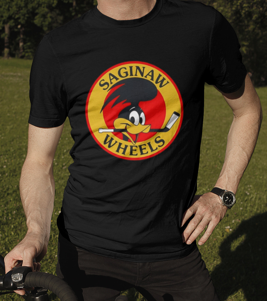 Saginaw Wheels Hockey Cartoon Character With Hockey Stick T-Shirt