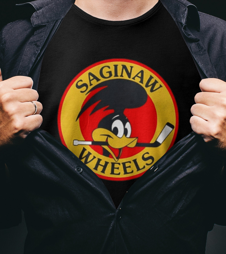 Saginaw Wheels Hockey Cartoon Character With Hockey Stick T-Shirt