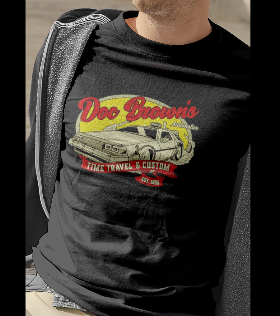 Doc Brown's Automotive Time Travel & Custom Est 1955 Classic DeLorean T-Shirt