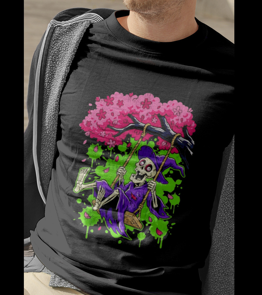 Morbid Whimsy Skeleton Witch Swinging Under Cherry Blossom Tree T-Shirt