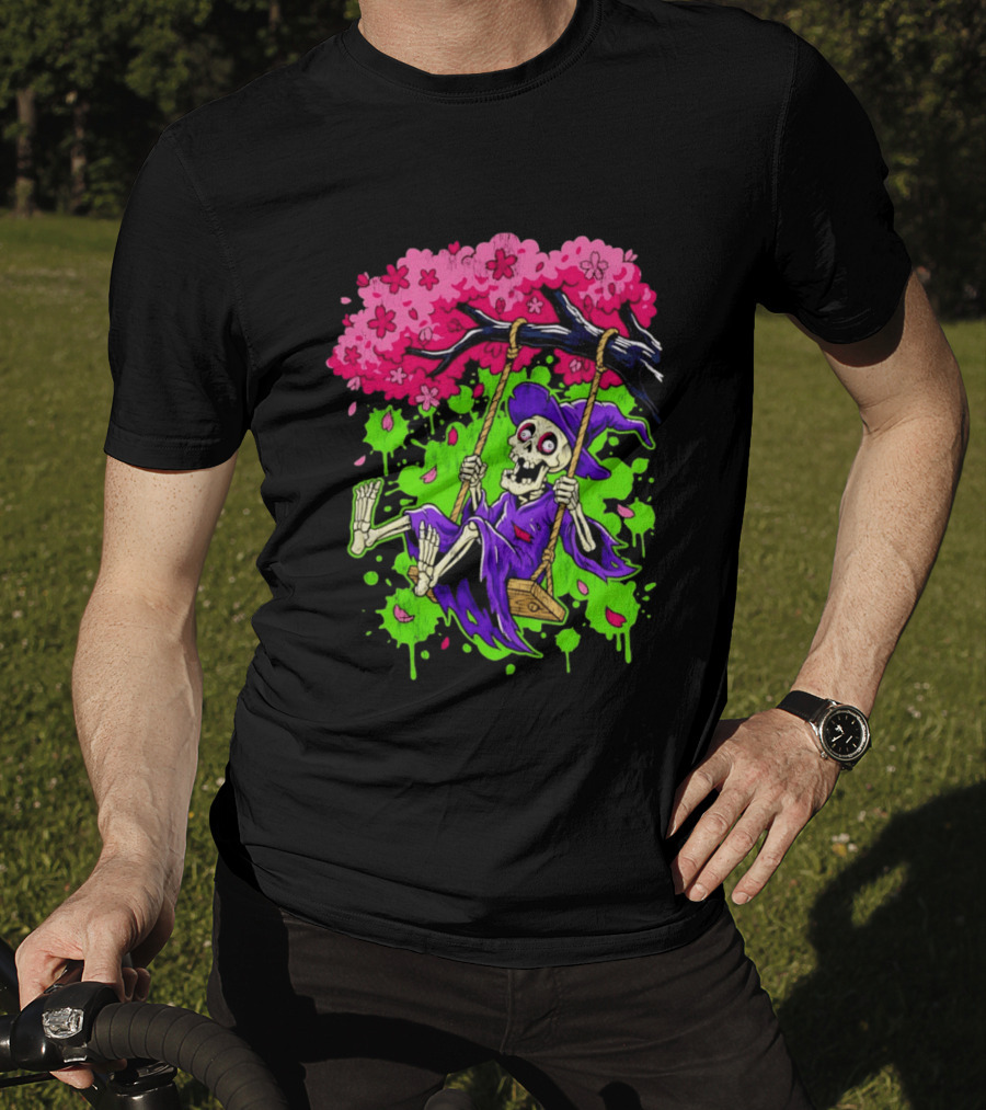 Morbid Whimsy Skeleton Witch Swinging Under Cherry Blossom Tree T-Shirt
