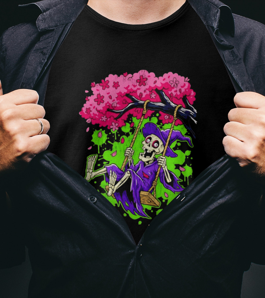 Morbid Whimsy Skeleton Witch Swinging Under Cherry Blossom Tree T-Shirt