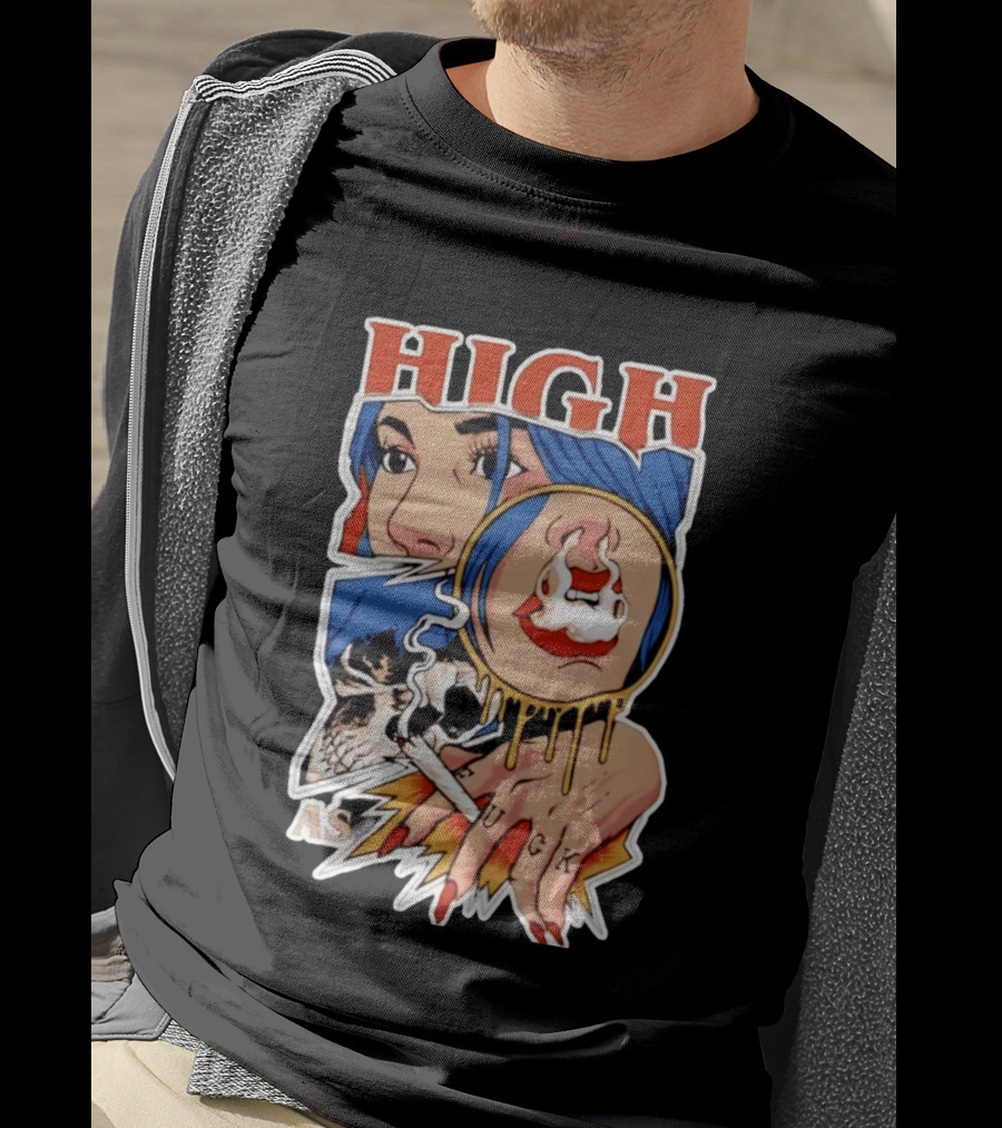 High As Fuck Smoking Skull Woman With Blue Hair And Tattooed Hand T-Shirt