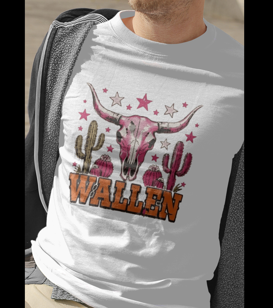 Wallen Pink Cow Skull Cactus Stars T-Shirt