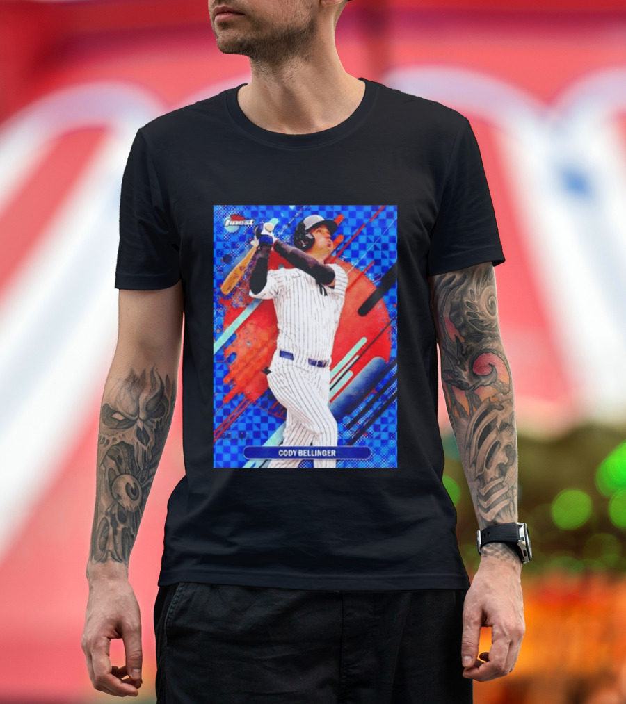 Cody Bellinger Topps Finest Baseball Card Blue Checkered Background Batting Pose T-Shirt