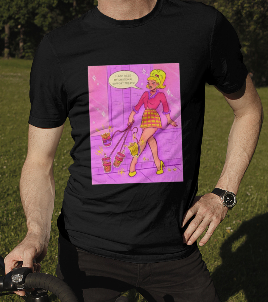 I Just Need My Emotional Support Treats Comic Style Girl With Drinks And Fries T-Shirt