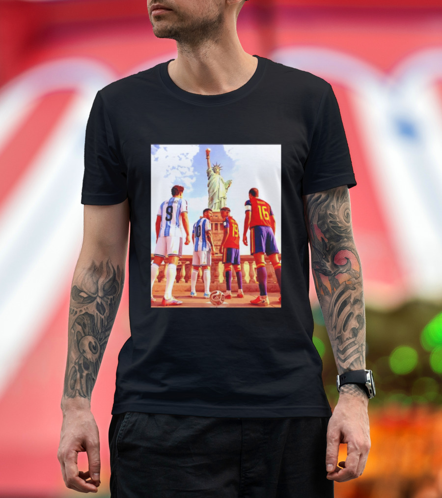 Lionel Messi J Alvarez Lamine Yamal Rodrigo Football Statue Of Liberty Argentina Spain Soccer T-Shirt