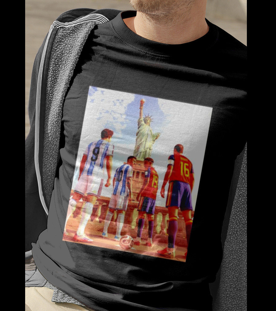 Lionel Messi J Alvarez Lamine Yamal Rodrigo Football Statue Of Liberty Argentina Spain Soccer T-Shirt