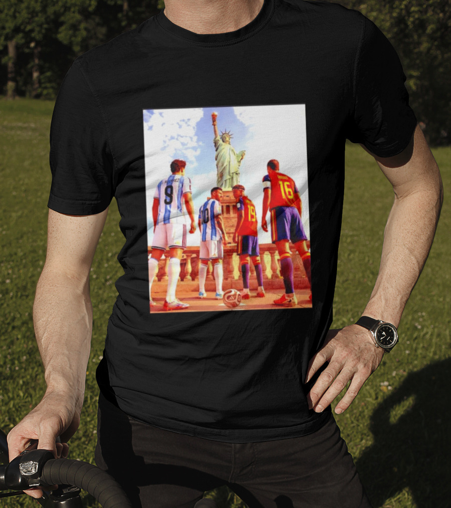 Lionel Messi J Alvarez Lamine Yamal Rodrigo Football Statue Of Liberty Argentina Spain Soccer T-Shirt