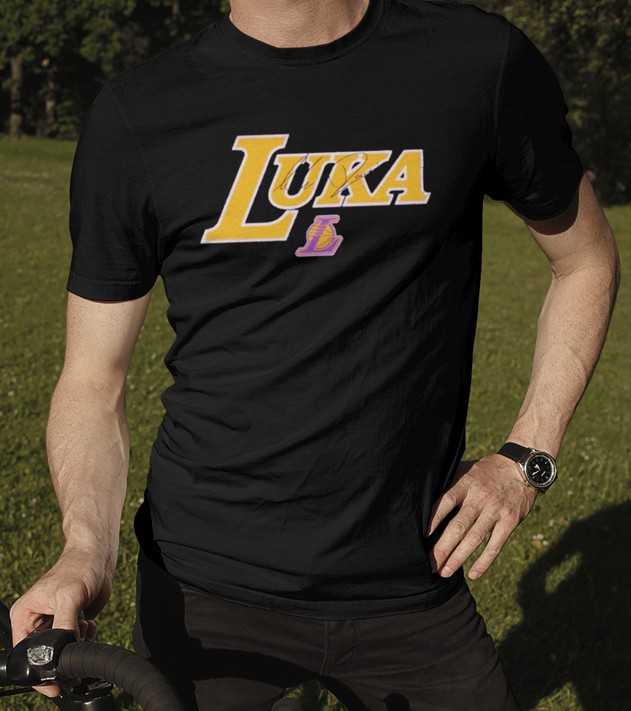 Luka Doncic Autograph Lakers Font Style With Los Angeles Basketball T-Shirt