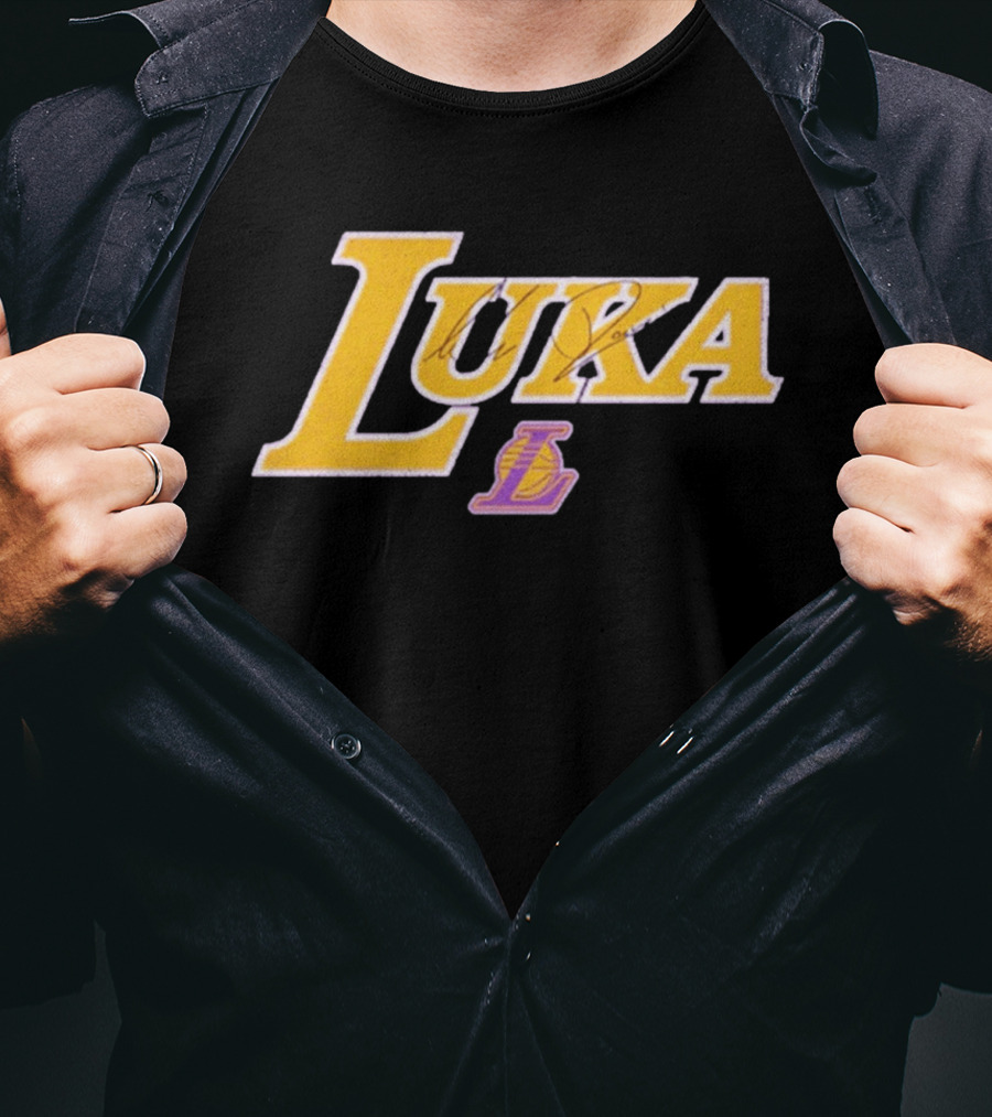 Luka Doncic Autograph Lakers Font Style With Los Angeles Basketball T-Shirt